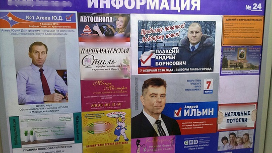 На выборы в Кранознаменске не пустили наблюдателей, Предвыборные плакаты кандидатов на пост главы Краснознаменска