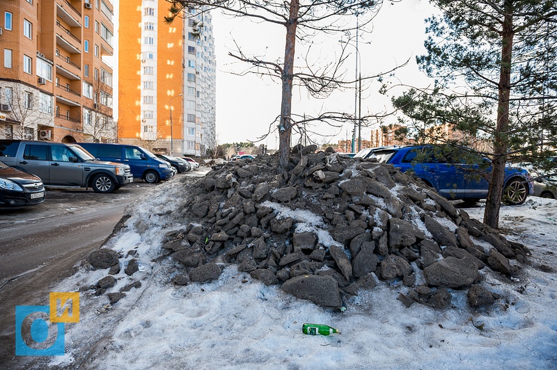 Сосна на улице Говорова, 34 завалена снежными отходами, В Одинцово снежные отходы разбрасывают по газонам и тротуарам