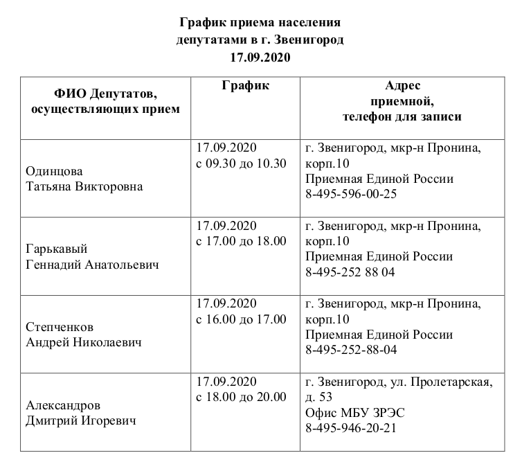 График приёма депутатами, 17 сентября руководители администрации Одинцовского округа и депутаты проведут приём граждан в Звенигороде
