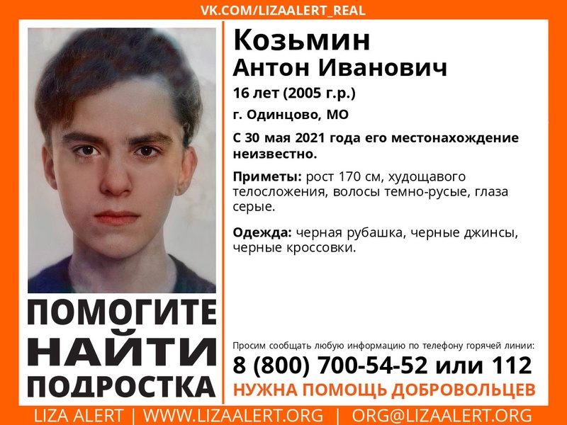 16-летнего Антона Козьмина разыскивают в Одинцовском округе, Июнь