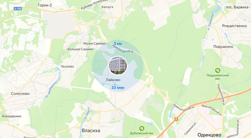 Расположение ЖК на карте, сайт ГК «Самолёт», «Самолёт» хочет построить ЖК в Лайково. Название — «Рублёвский квартал»